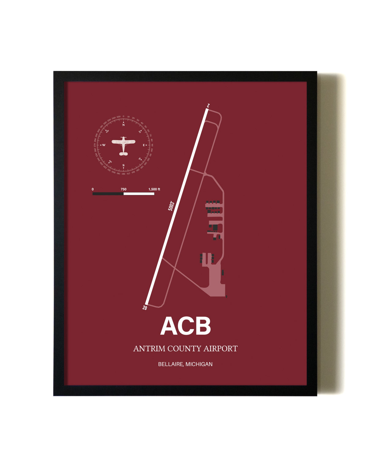 Red Framed Antrim County Airport wall art poster in black frame
