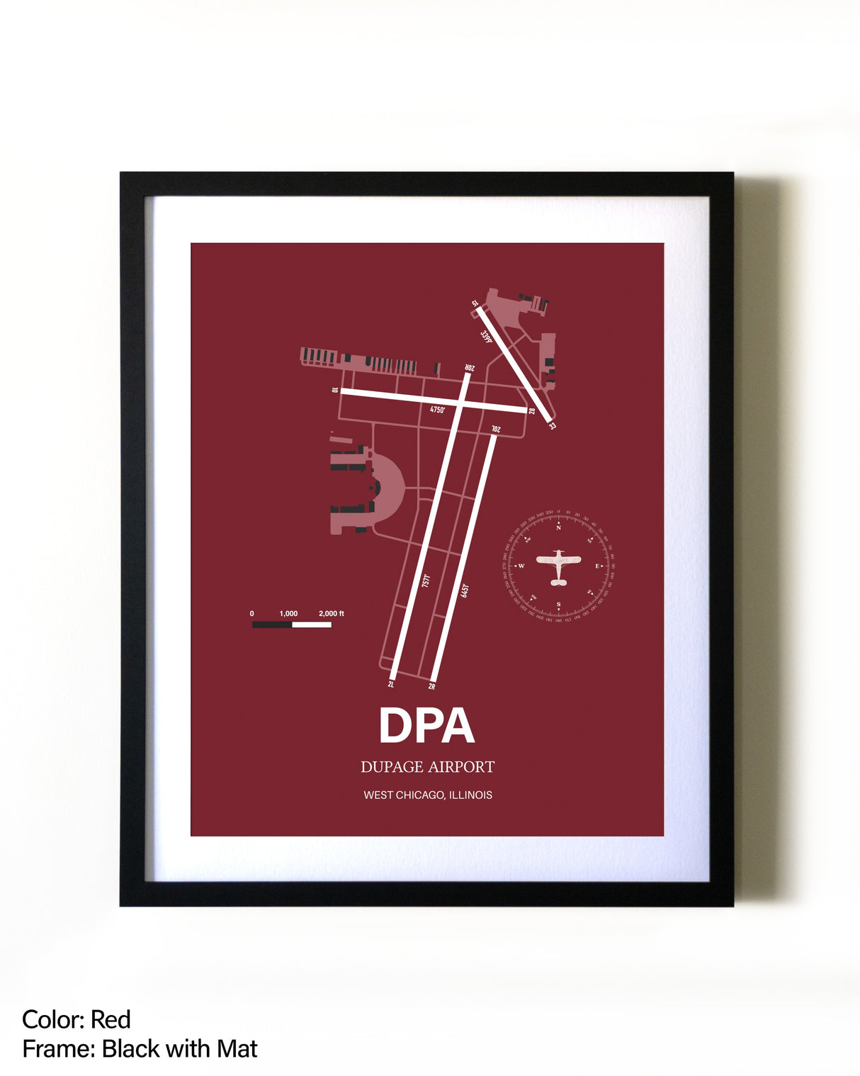 DuPage Airport aviation wall décor in black wood frame