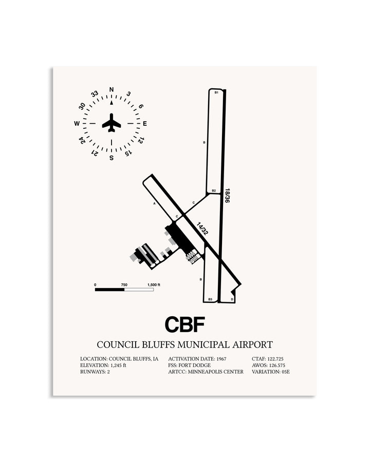 Gray Council Bluffs Municipal Airport framed poster displayed in an airplane hangar