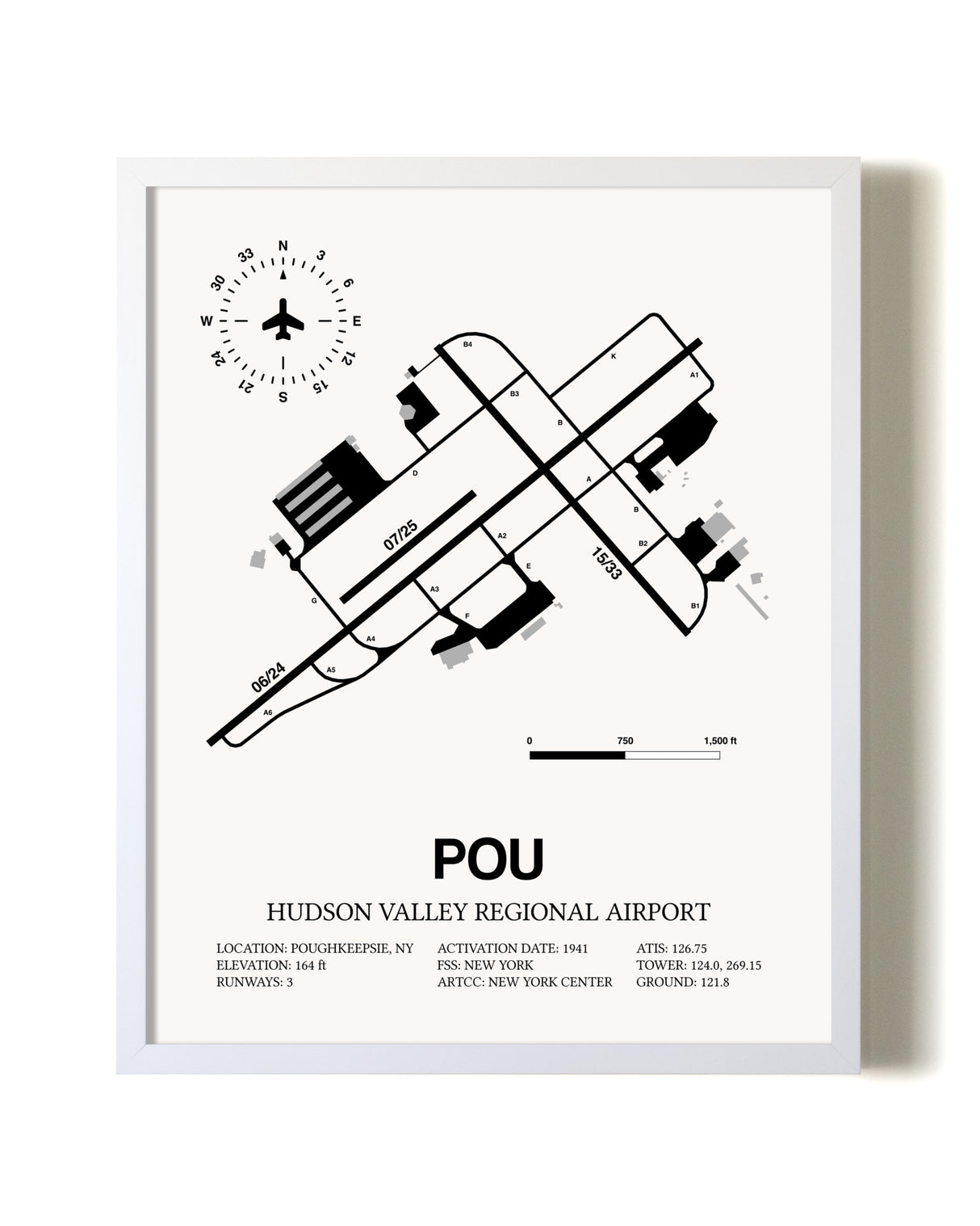 Hudson Valley Regional Airport airport map poster in oak frame
