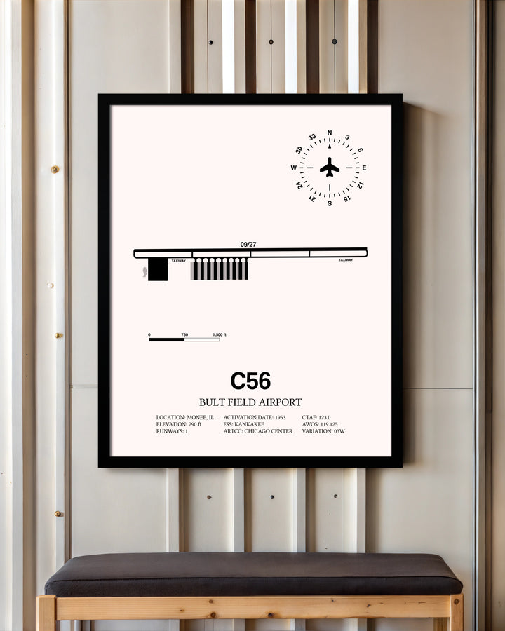 Bult Field Airport framed poster displayed in an airplane hangar