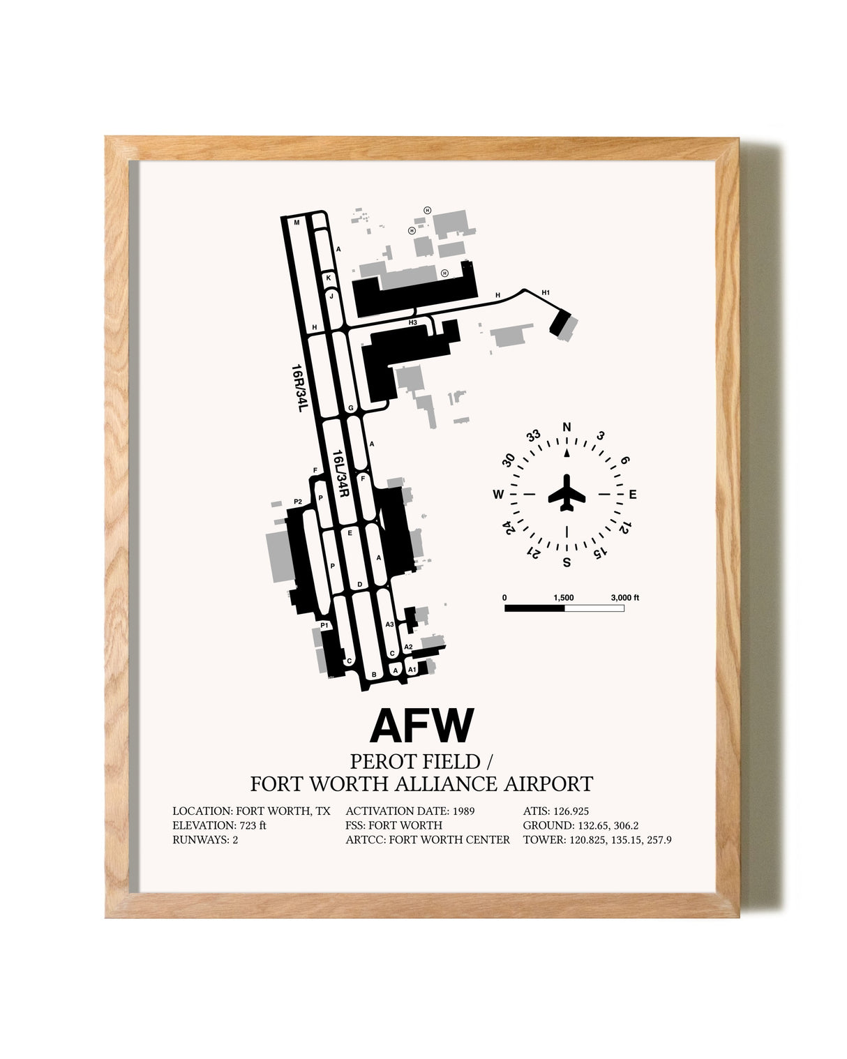 Perot Field / Fort Worth Alliance Airport framed print in natural wood frame