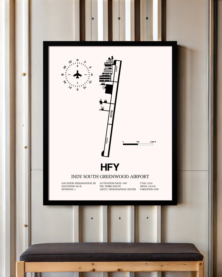 Indy South Greenwood Airport framed poster displayed in an airplane hangar