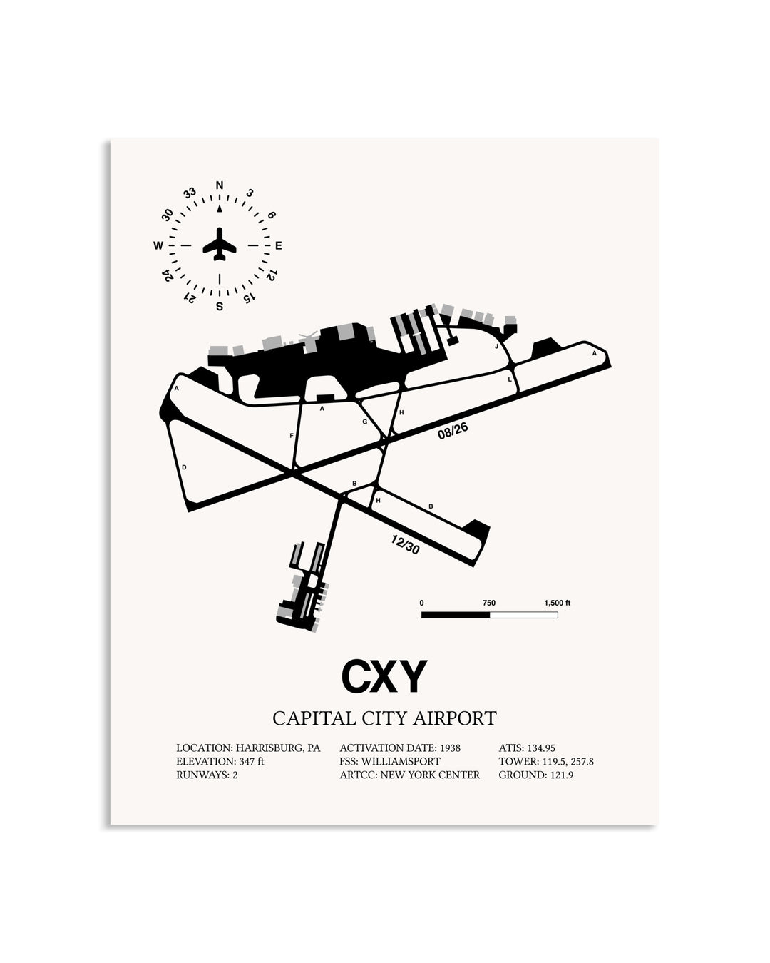 Gray Capital City Airport framed poster displayed in an airplane hangar