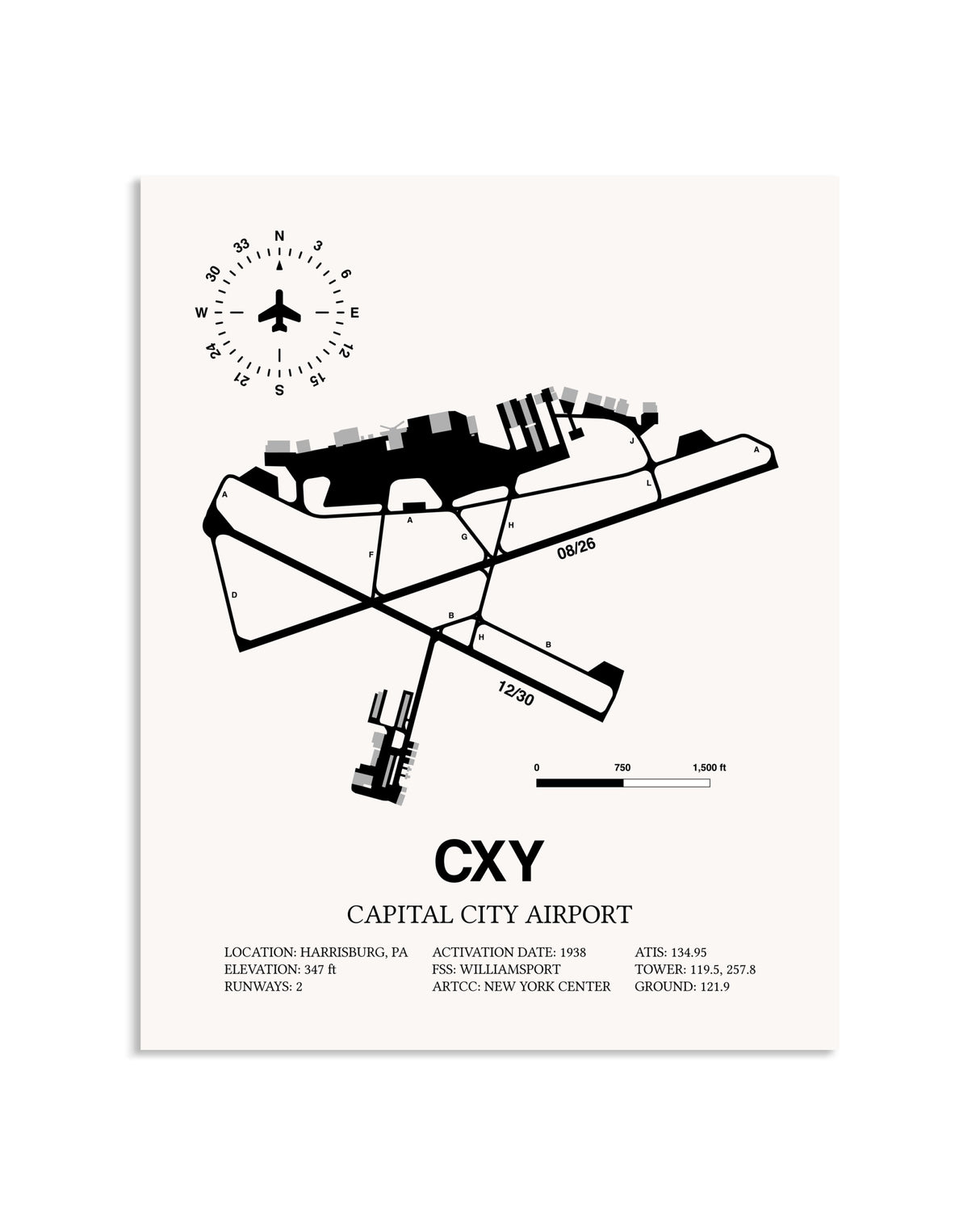 Gray Capital City Airport framed poster displayed in an airplane hangar