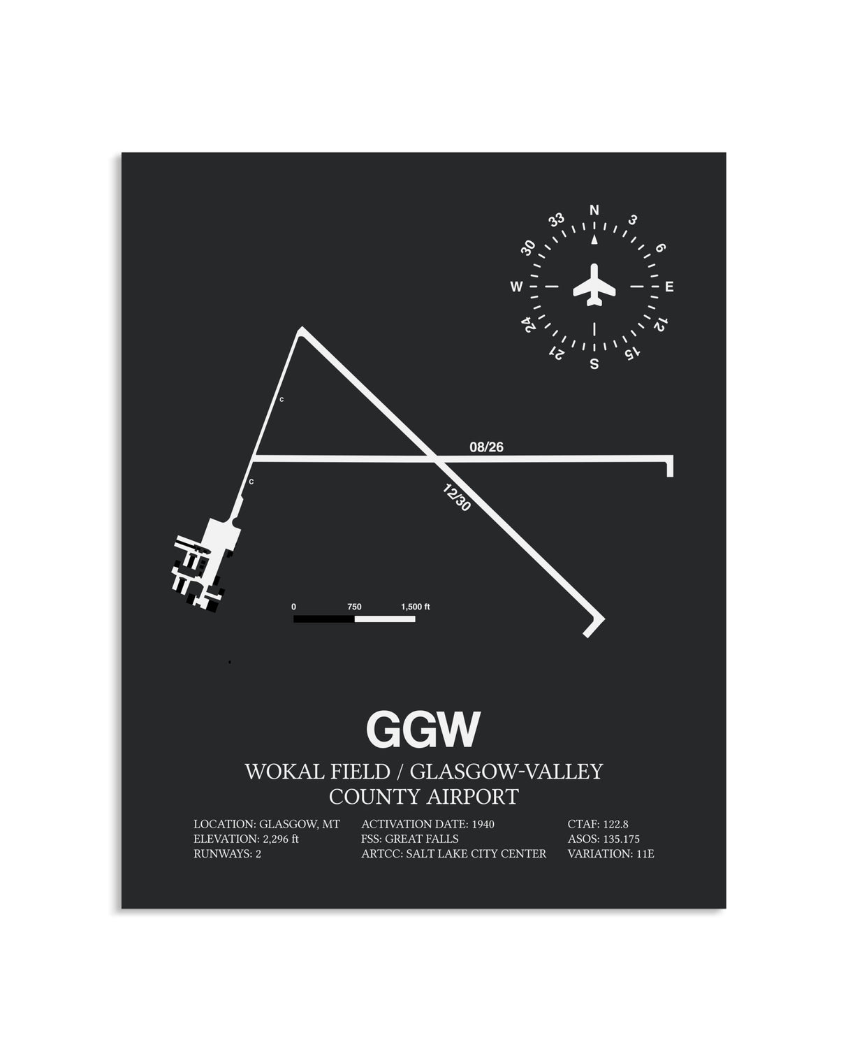 Gray Framed Wokal Field / Glasgow-Valley County Airport layout wall art poster