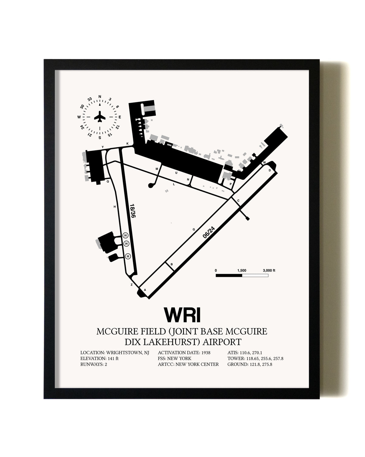 Framed McGuire Field (Joint Base McGuire Dix Lakehurst) Airport wall art poster in black frame