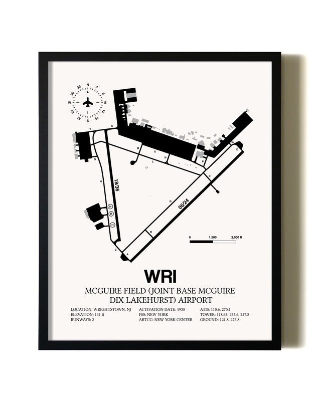 Framed McGuire Field (Joint Base McGuire Dix Lakehurst) Airport wall art poster in black frame