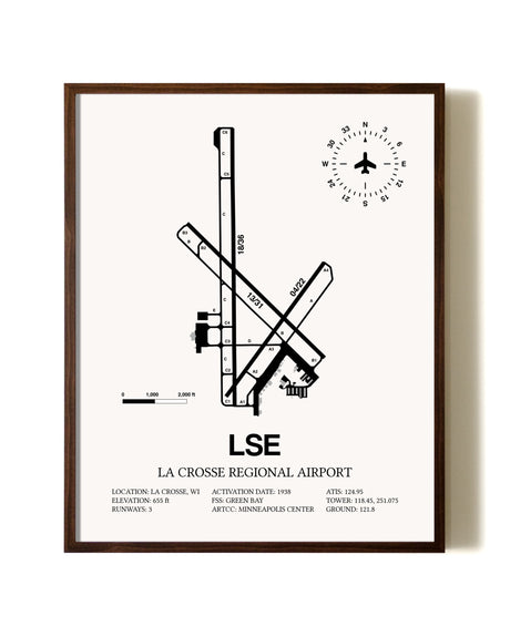 La Crosse Regional Airport aviation print in walnut frame
