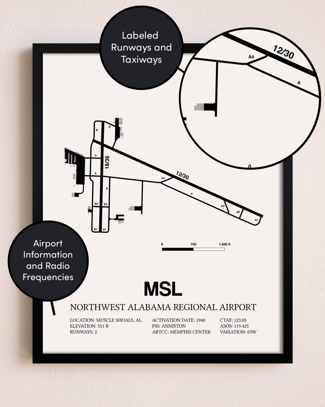 Framed Northwest Alabama Regional Airport layout wall art poster