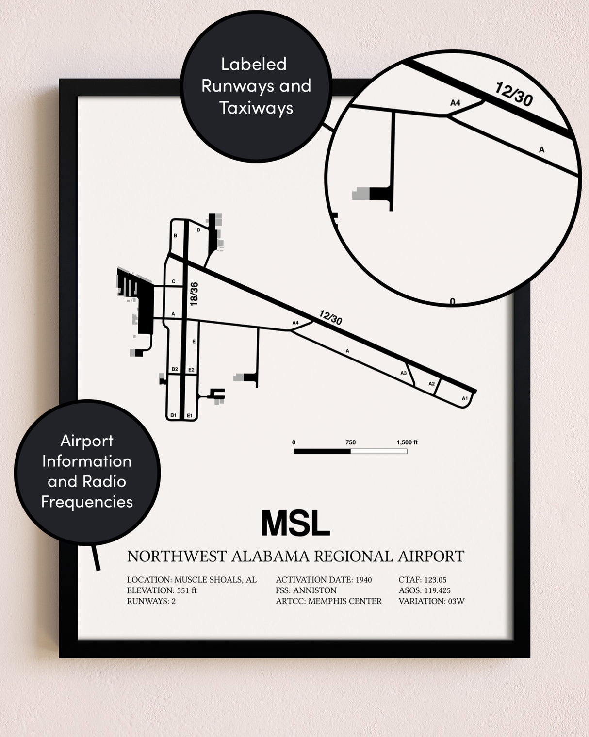 Framed Northwest Alabama Regional Airport layout wall art poster