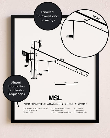 Framed Northwest Alabama Regional Airport layout wall art poster