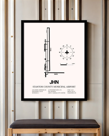 Stanton County Municipal Airport framed poster displayed in an airplane hangar