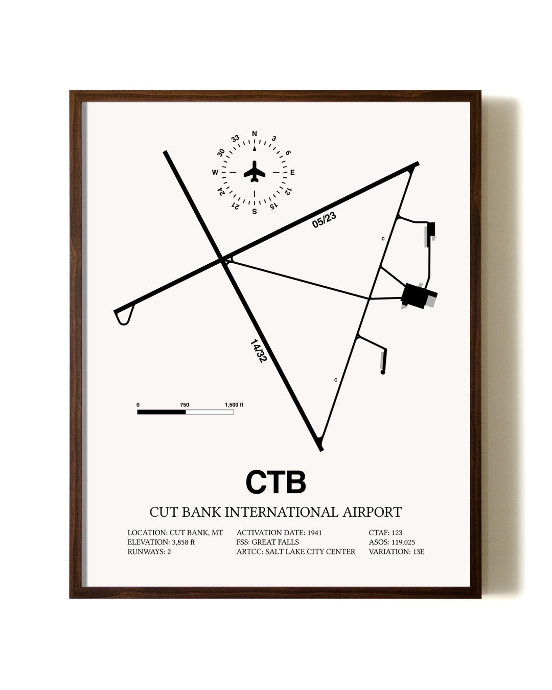 Cut Bank International Airport aviation print in walnut frame