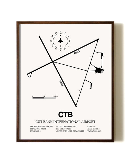 Cut Bank International Airport aviation print in walnut frame
