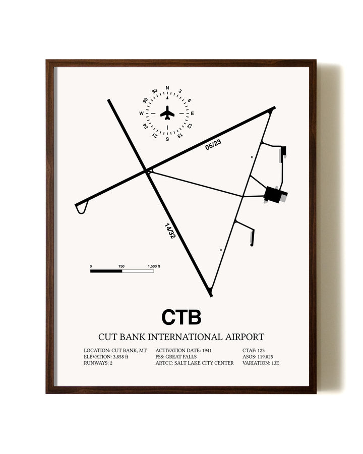 Cut Bank International Airport aviation print in walnut frame