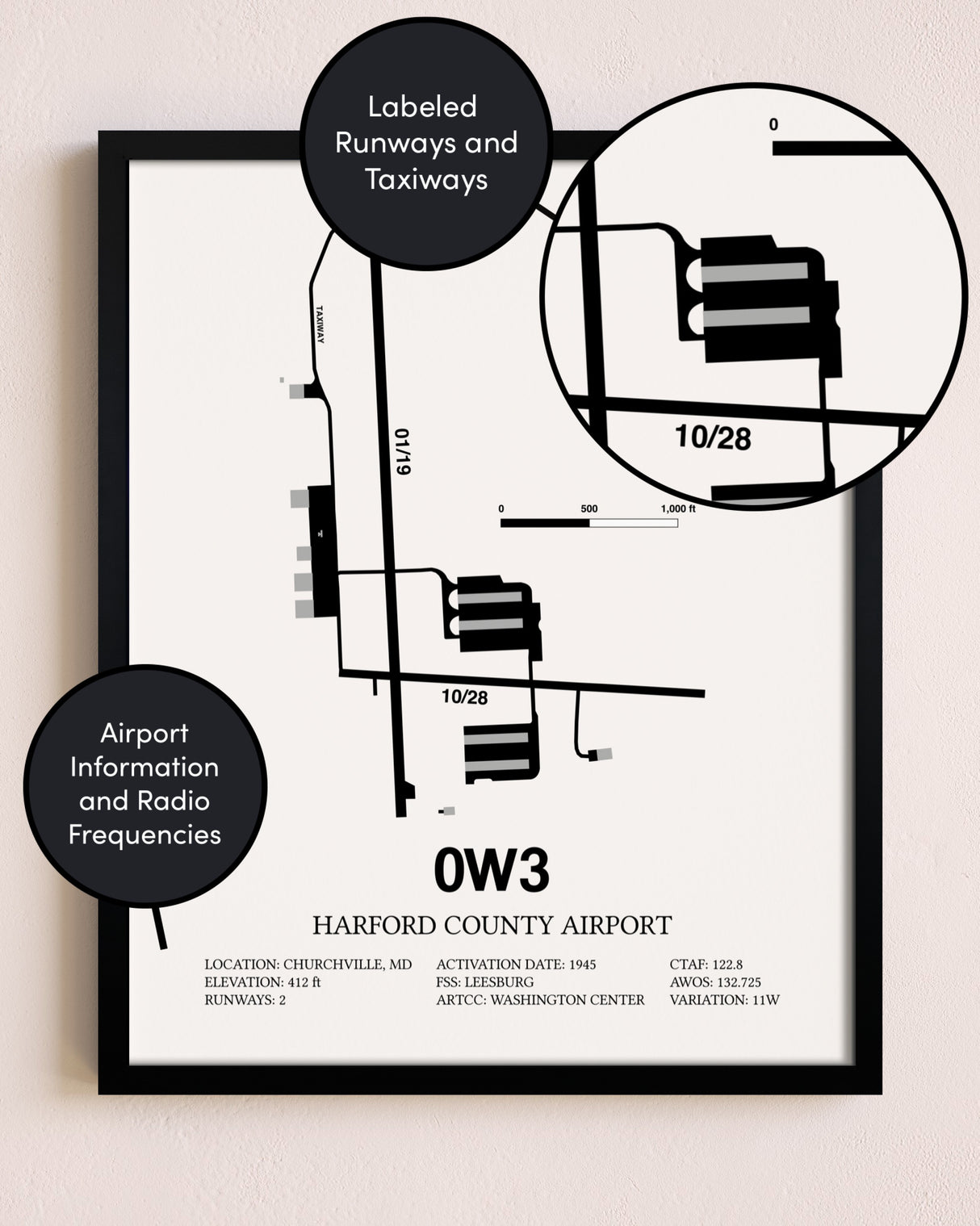 Framed Harford County Airport layout wall art poster