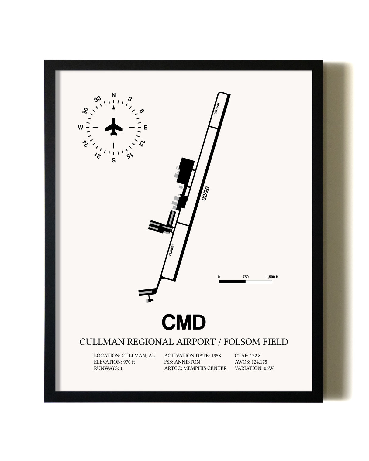 Framed Cullman Regional Airport / Folsom Field wall art poster in black frame