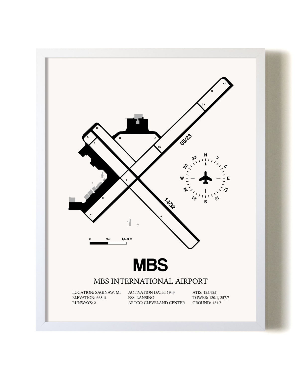 MBS International Airport airport map poster in oak frame
