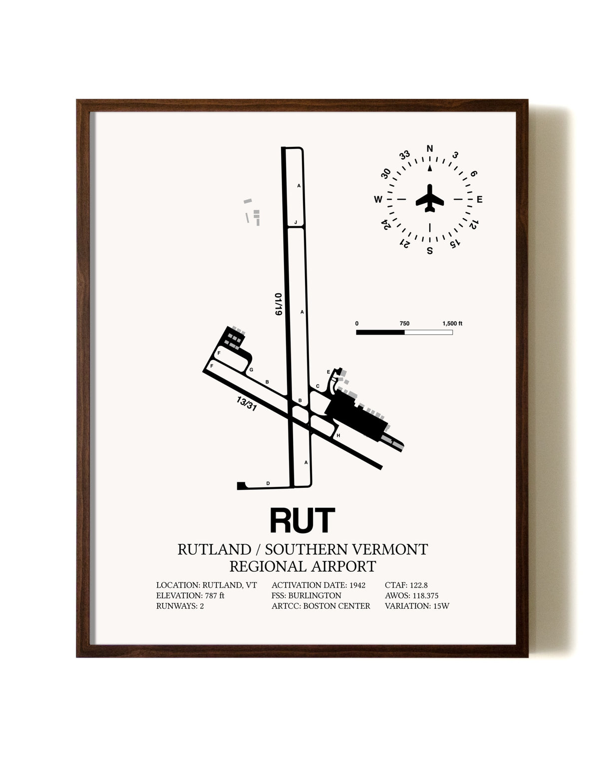 Rutland / Southern Vermont Regional Airport aviation print in walnut frame