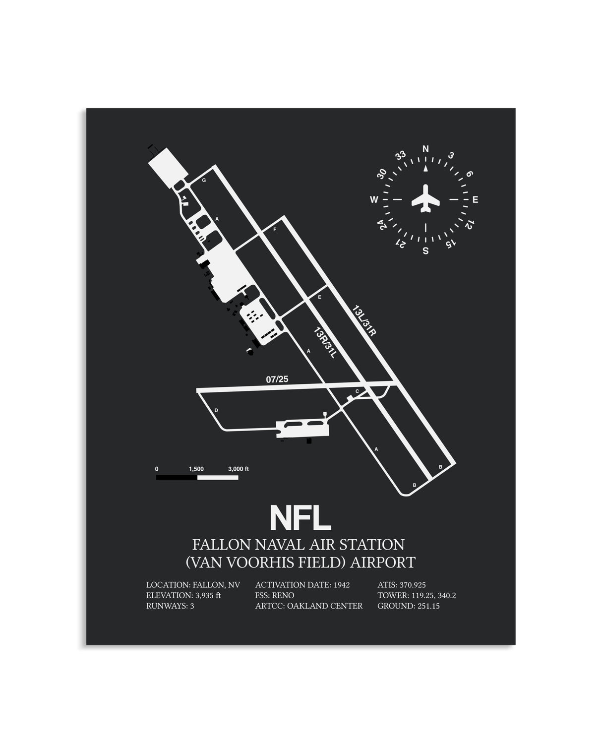 Gray Framed Fallon Naval Air Station (Van Voorhis Field) Airport layout wall art poster