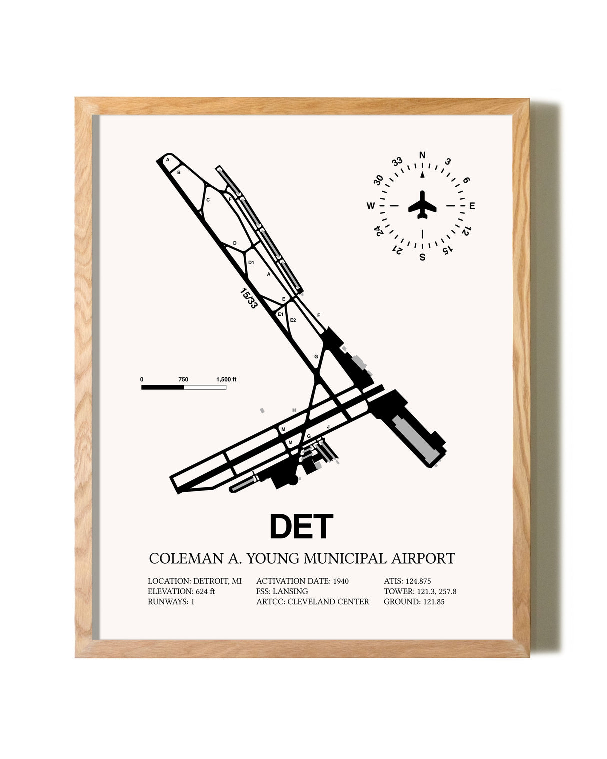 Coleman A. Young Municipal Airport framed print in natural wood frame