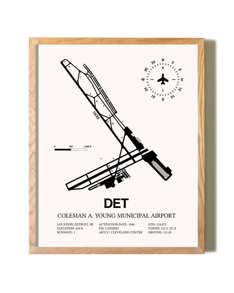 Coleman A. Young Municipal Airport framed print in natural wood frame