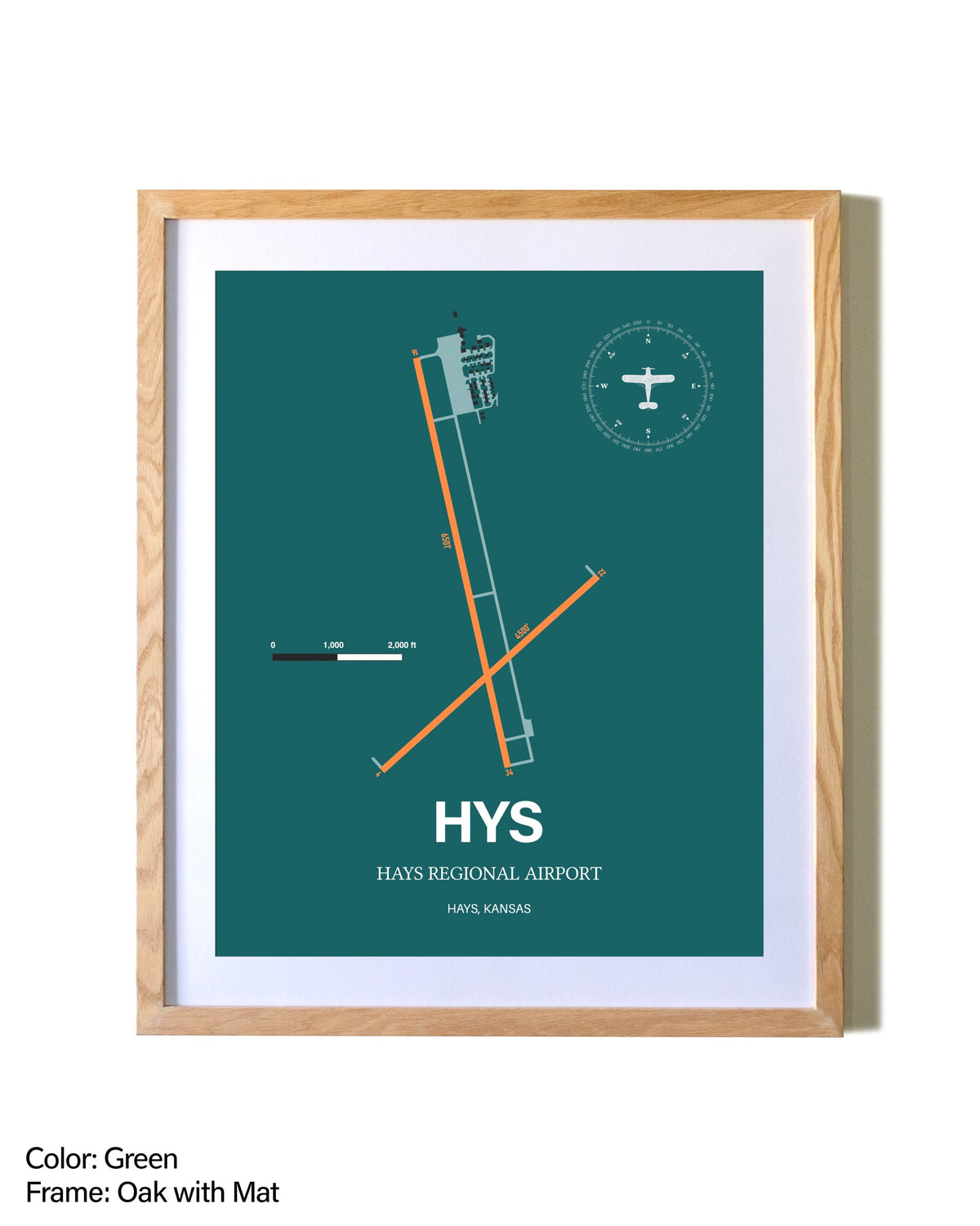 Hays Regional Airport airport map poster in oak frame with mat