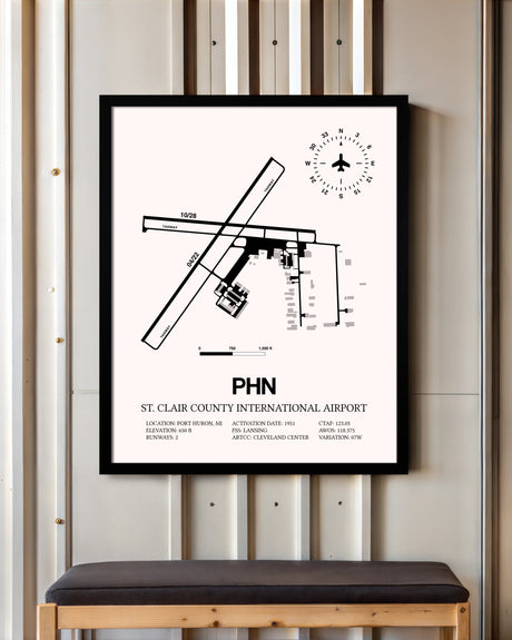 St. Clair County International Airport framed poster displayed in an airplane hangar