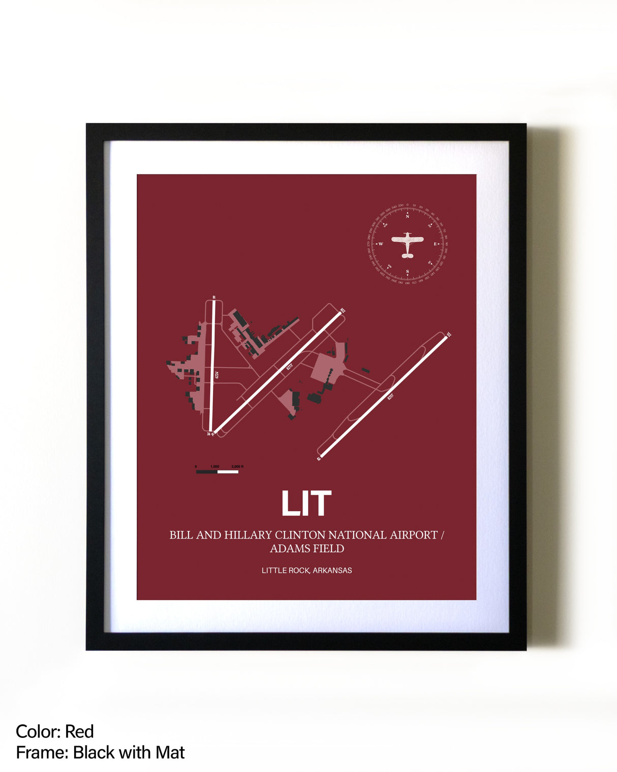 Bill and Hillary Clinton National Airport/Adams Field aviation wall décor in black wood frame