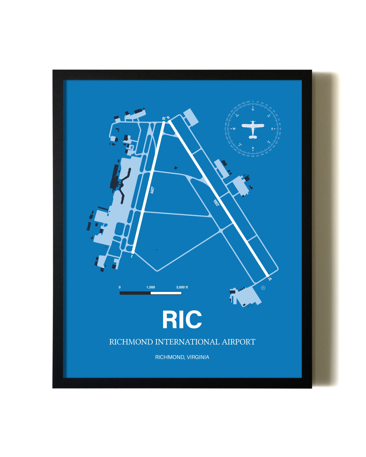 Sky Blue Richmond International Airport aviation wall décor in black wood frame