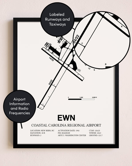 Framed Coastal Carolina Regional Airport layout wall art poster