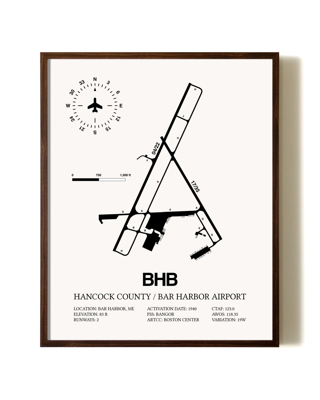 Hancock County / Bar Harbor Airport aviation print in walnut frame