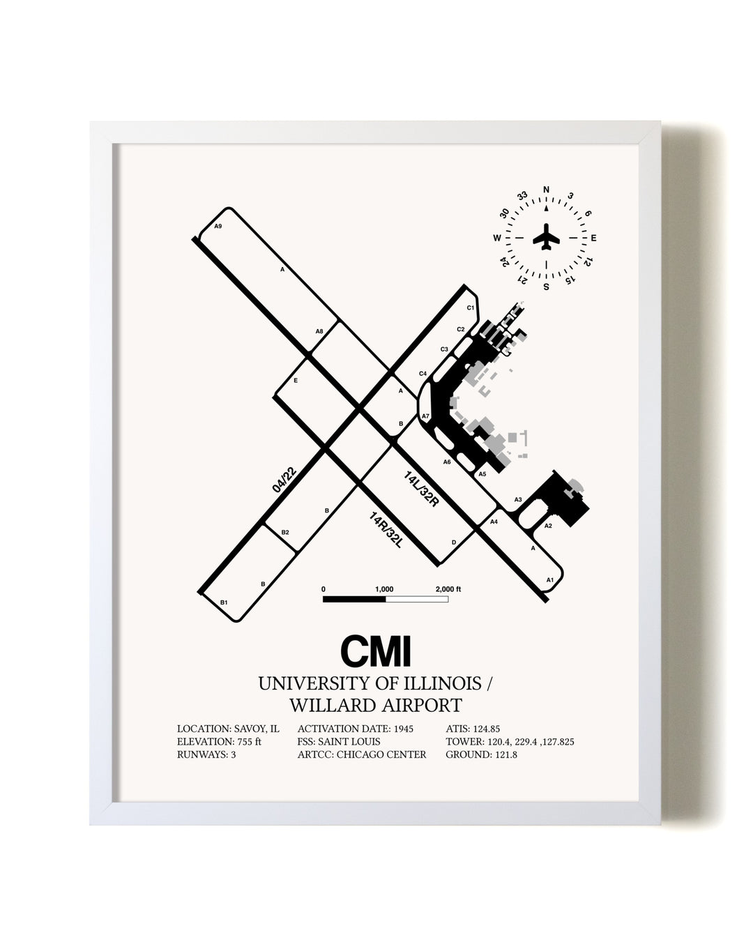 University of Illinois / Willard Airport airport map poster in oak frame