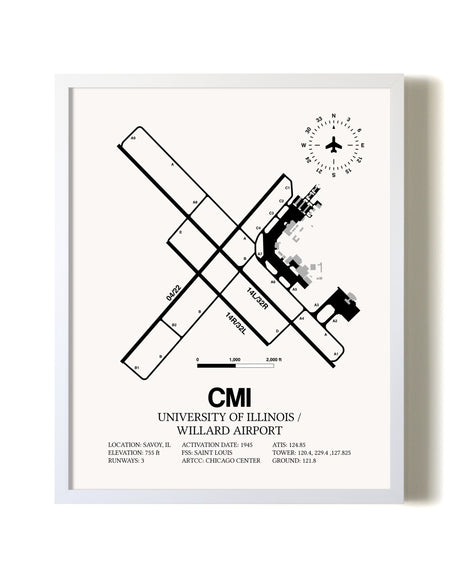 University of Illinois / Willard Airport airport map poster in oak frame