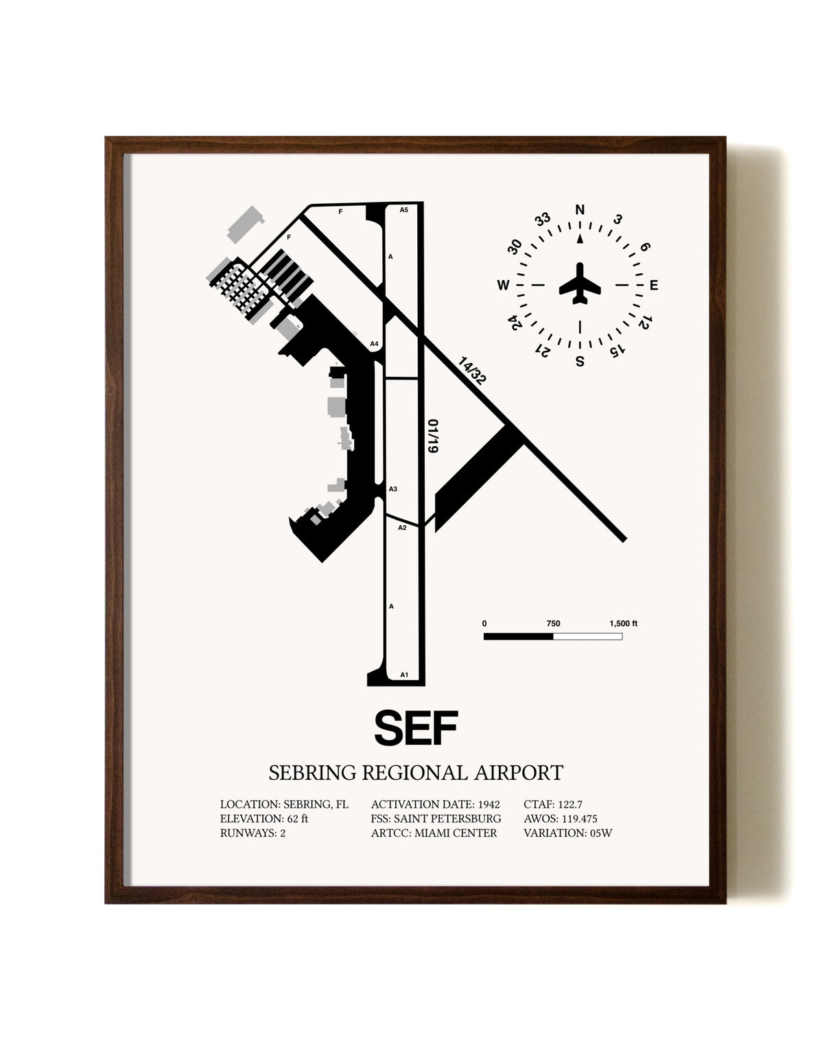Sebring Regional Airport aviation print in walnut frame