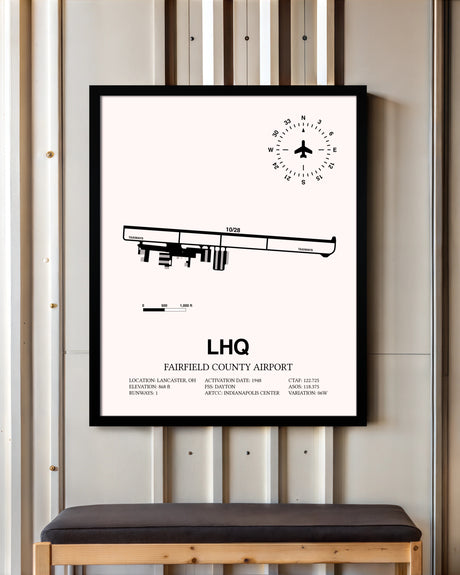 Fairfield County Airport framed poster displayed in an airplane hangar