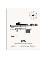 Gray Livermore Municipal Airport framed poster displayed in an airplane hangar