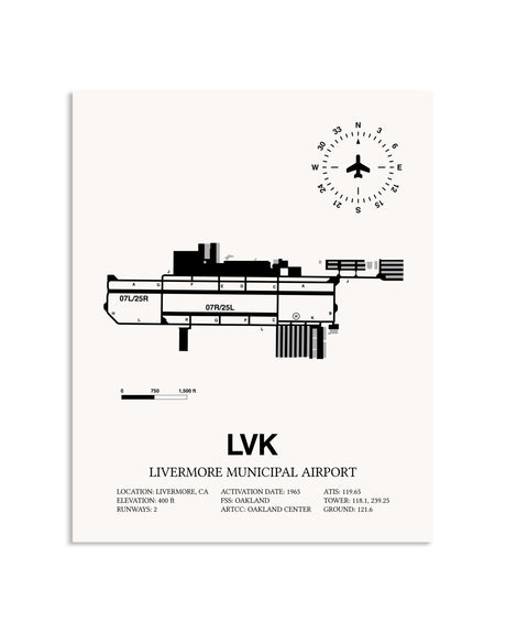 Gray Livermore Municipal Airport framed poster displayed in an airplane hangar