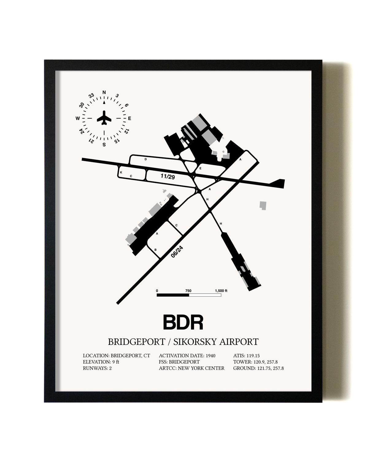 Framed Bridgeport / Sikorsky Airport wall art poster in black frame