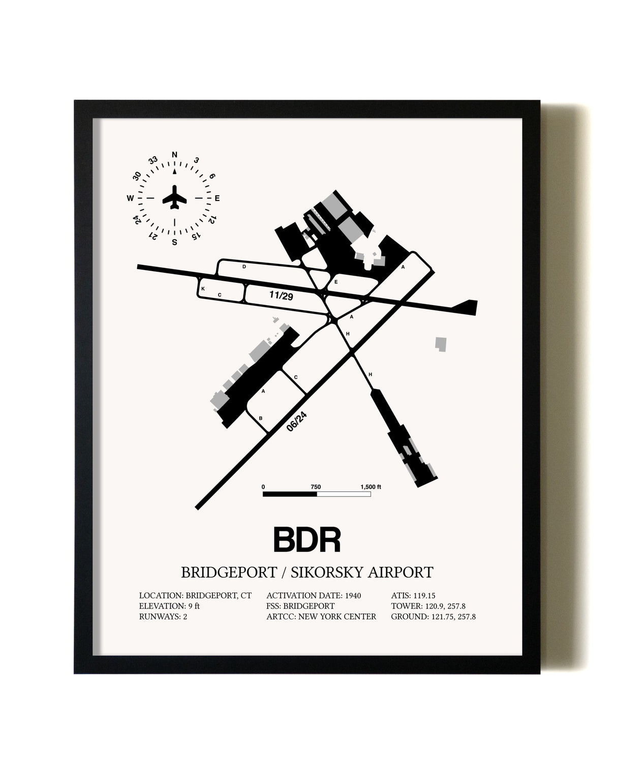Framed Bridgeport / Sikorsky Airport wall art poster in black frame