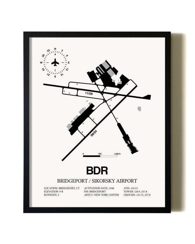 Framed Bridgeport / Sikorsky Airport wall art poster in black frame