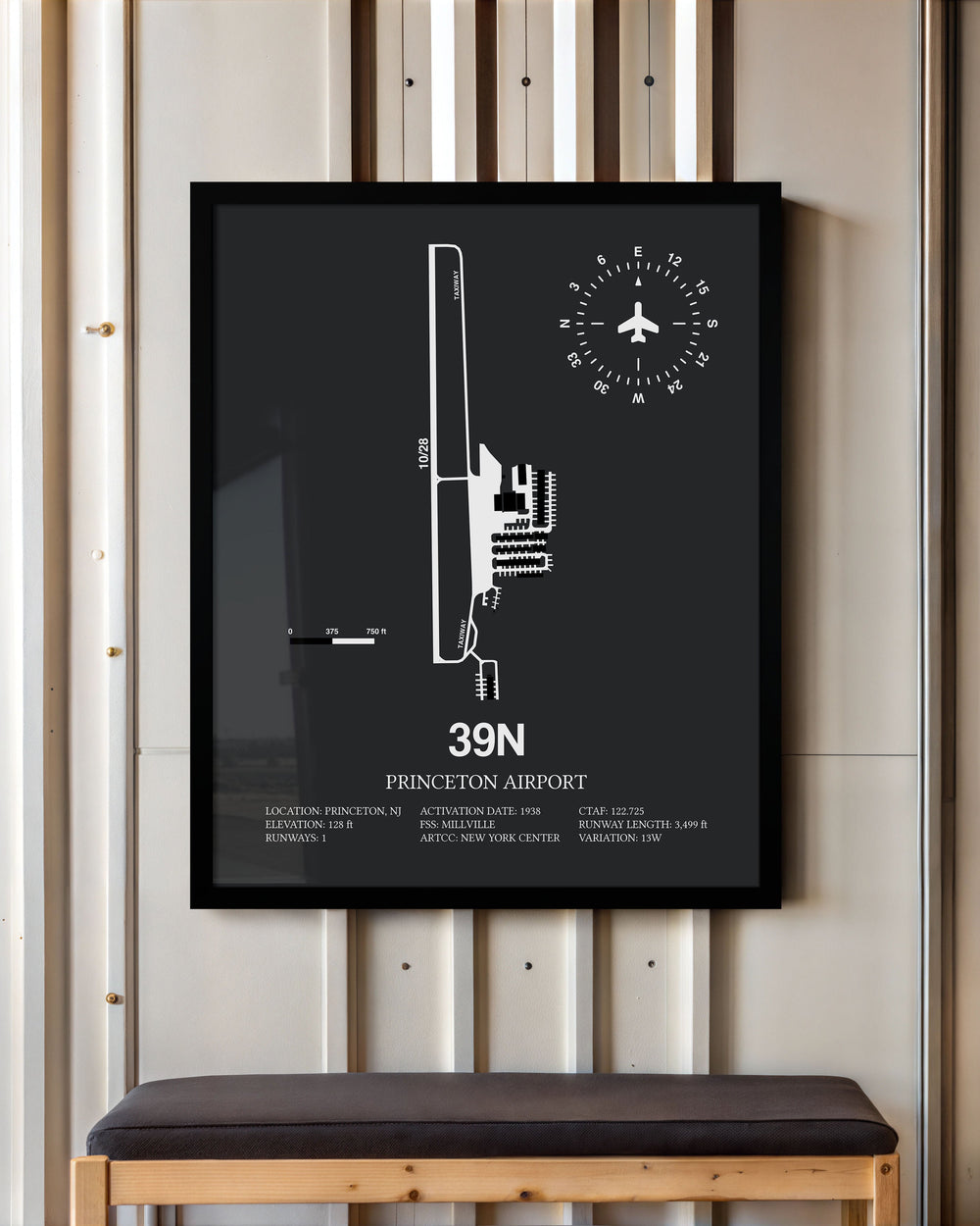 Framed Detailed Airport Map of Princeton Airport (39N) in Gray with a Black Frame