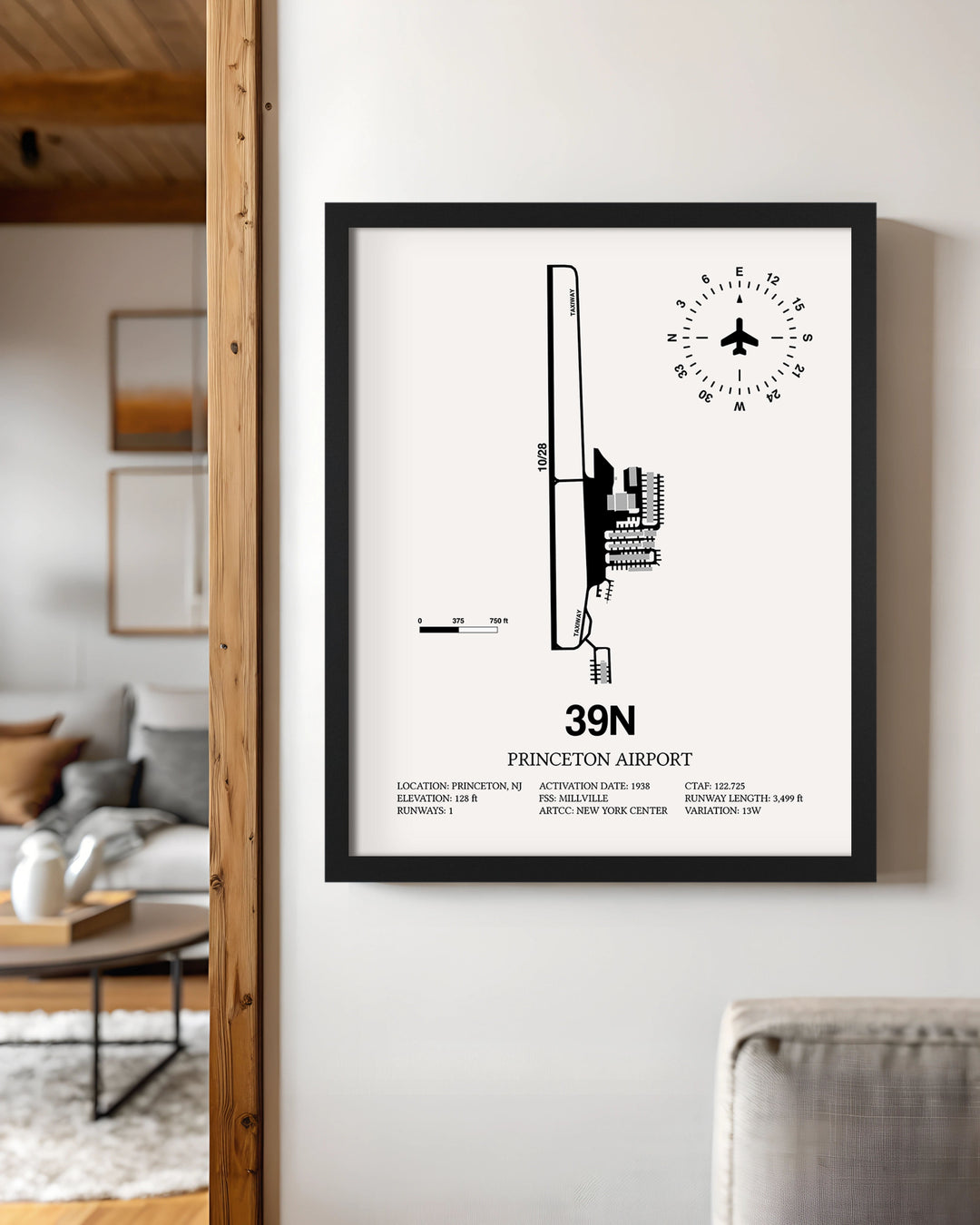 Framed Detailed Airport Map of Princeton Airport (39N) in White with a Black Frame