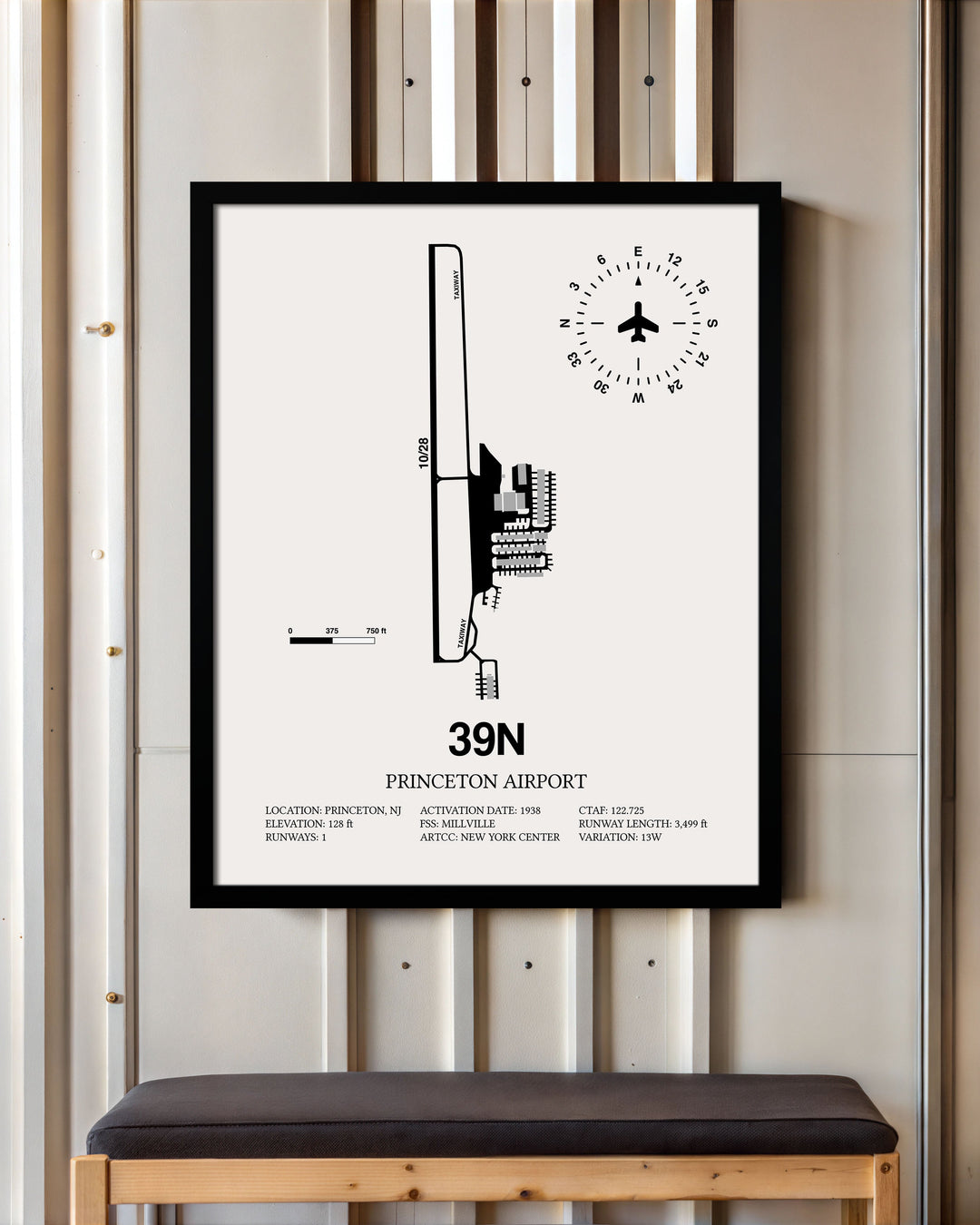 Framed Detailed Airport Map of Princeton Airport (39N) in White with a Black Frame