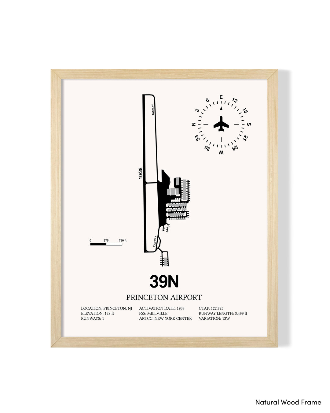 Detailed Airport Map of Princeton Airport (39N) in White with a Natural Frame