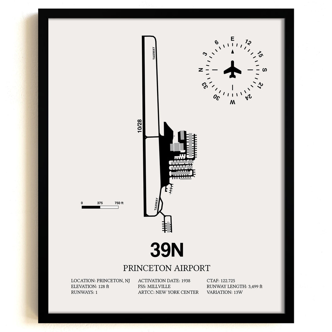 Framed Detailed Airport Map of Princeton Airport (39N) in White with a Black Frame