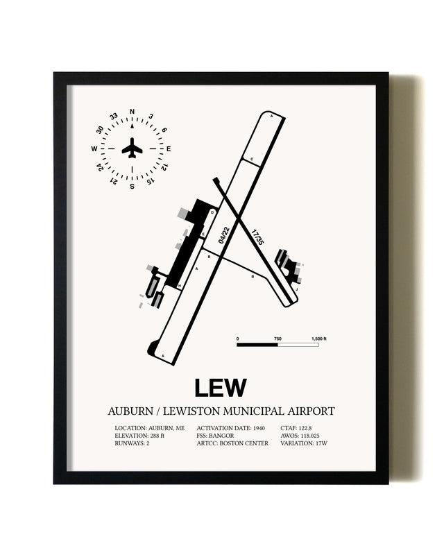 Framed Auburn / Lewiston Municipal Airport wall art poster in black frame