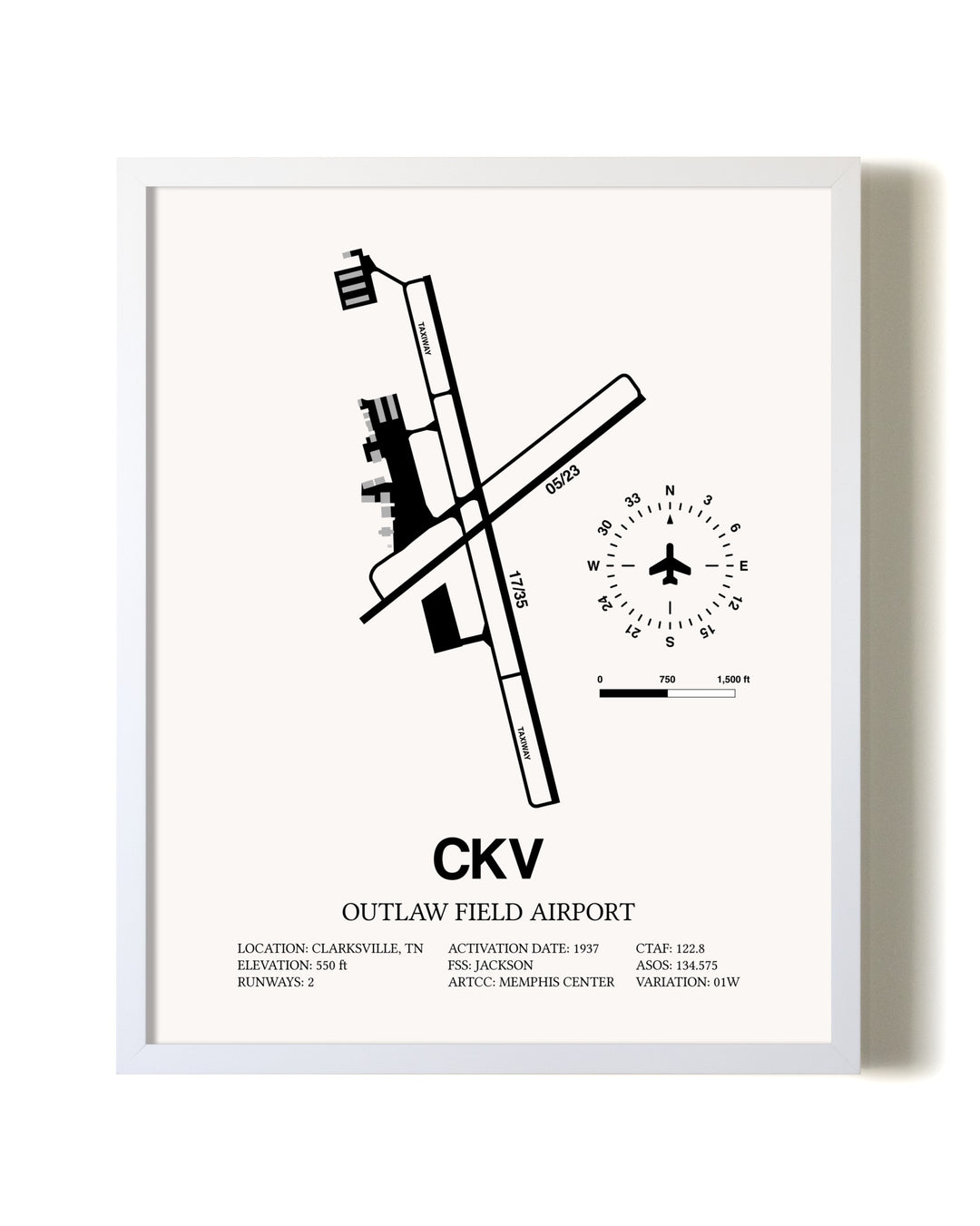 Outlaw Field Airport airport map poster in oak frame