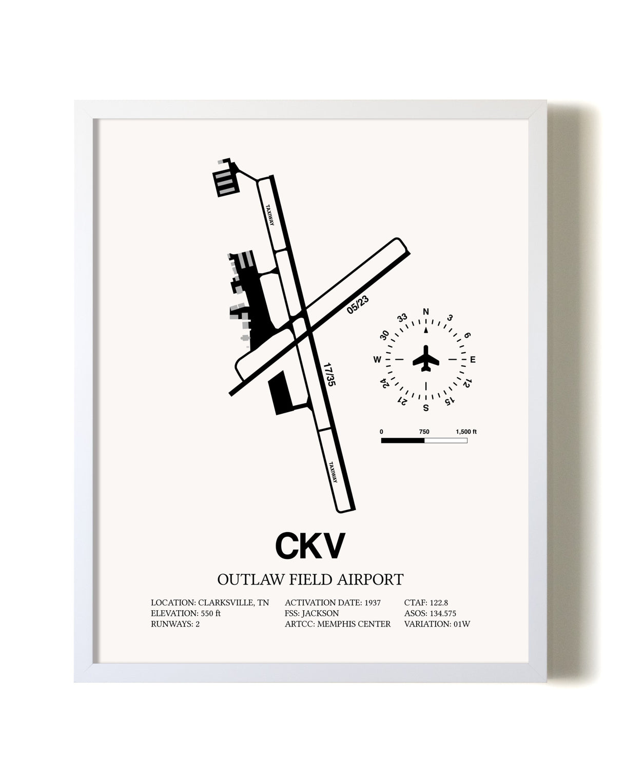 Outlaw Field Airport airport map poster in oak frame